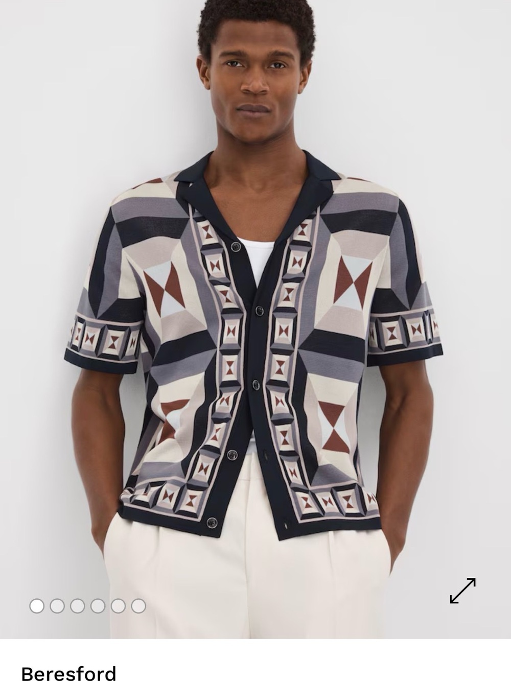 Reiss Geometric Button-Down Shirt in Navy, Cream & Brown